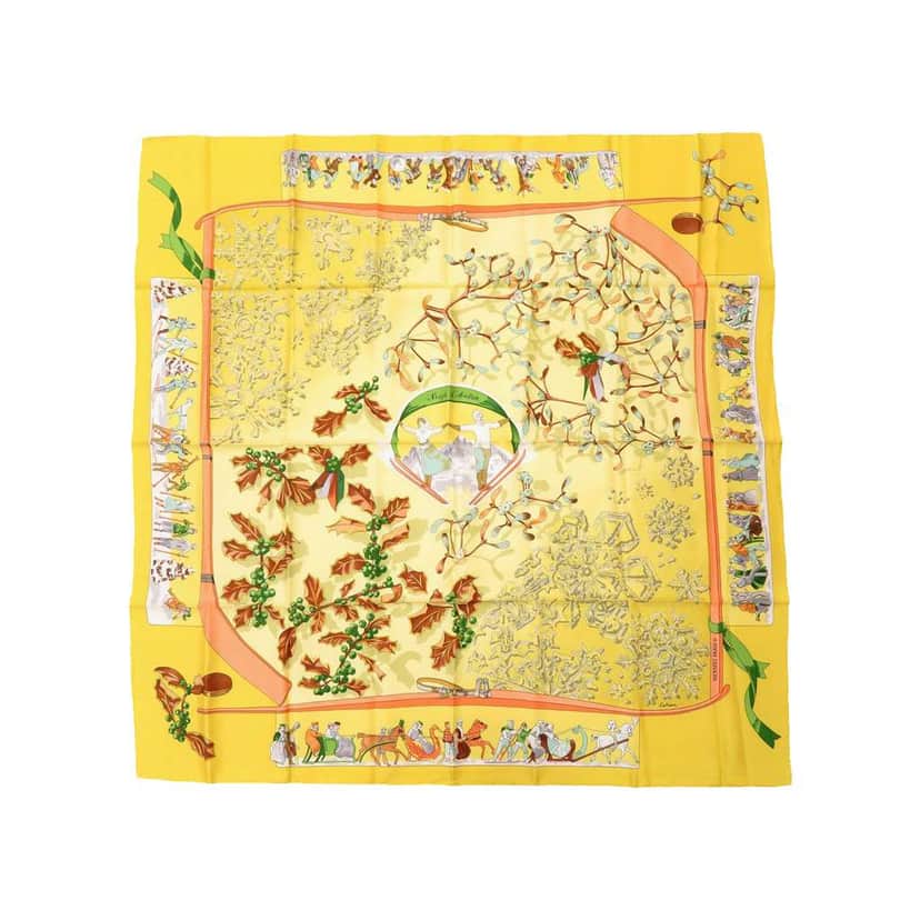 Hermès Neige d Antan Silk Scarf 90 Yellow Silk Good condition - Front View