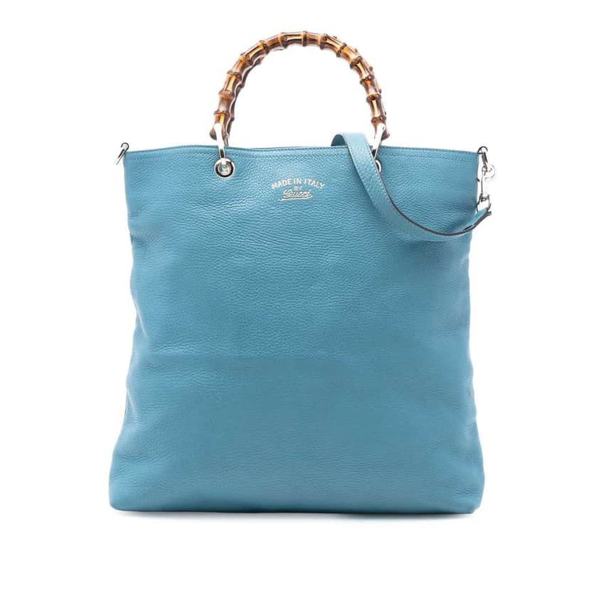 Gucci Tall Leather Bamboo Shopper Tote Blue Leather Good condition - Front View