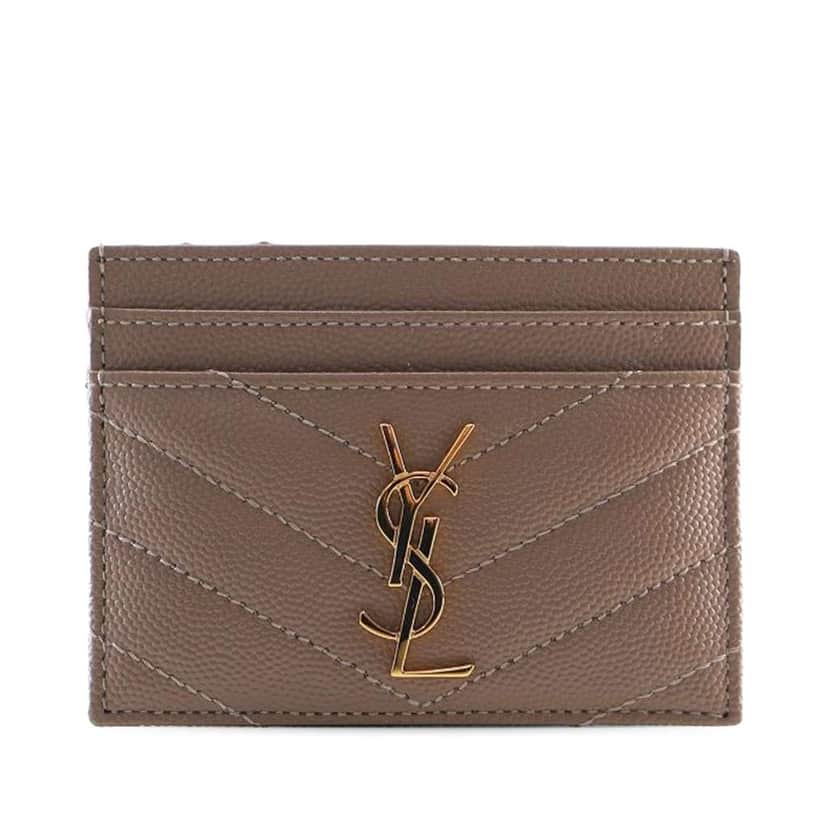 Saint Laurent Grain de Poudre Matelasse Chevron Cassandre Card Holder Brown Leather Good condition - Front View