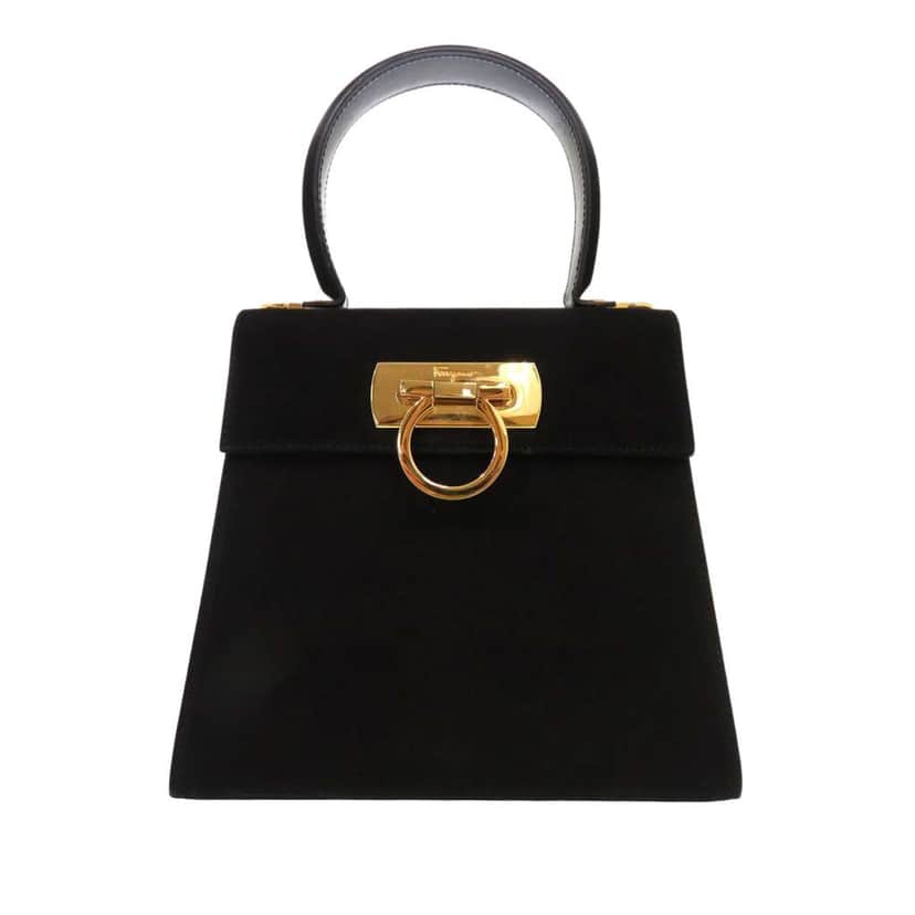 Salvatore Ferragamo Small Suede Gancini Iconic Top Handle Bag Black Leather Good condition - Front View