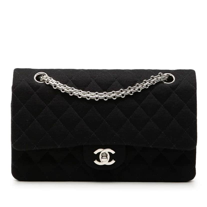Chanel Medium Classic Jersey Bijoux Chain Double Flap Black Cotton Good condition - Front View