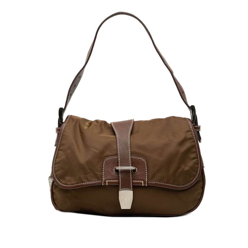 Prada Leather and Tessuto Shoulder Bag Brown Good condition - Front View