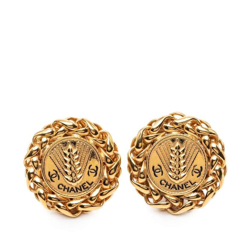 Chanel CC Gold Plated Wheat Medallion Clip On Earrings Gold Metal Very good condition - Front View