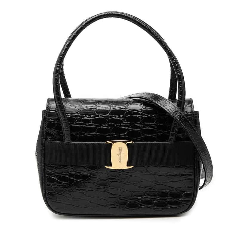 Salvatore Ferragamo Croc Embossed Vara Bow Top Handle Bag Black Leather Good condition - Front View