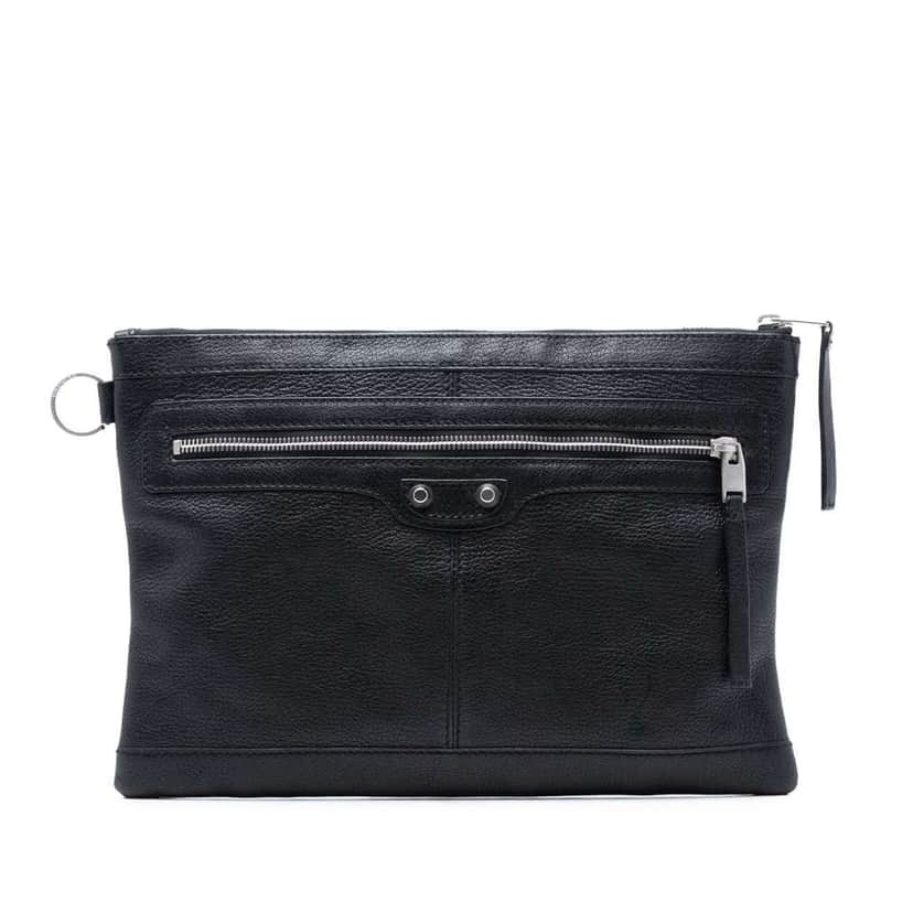 Balenciaga Lambskin Motocross Classic Clip M Clutch Black Leather Very good condition - Front View