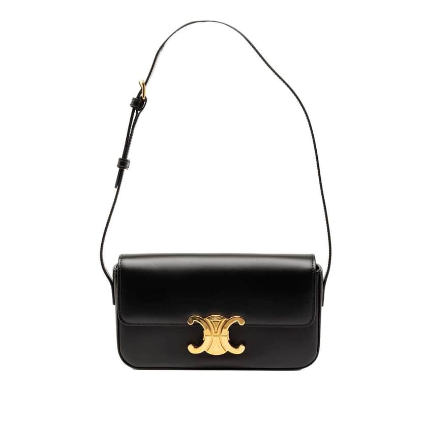 Celine Shiny Calfskin Triomphe Claude Shoulder Bag Black Leather Good condition - Front View