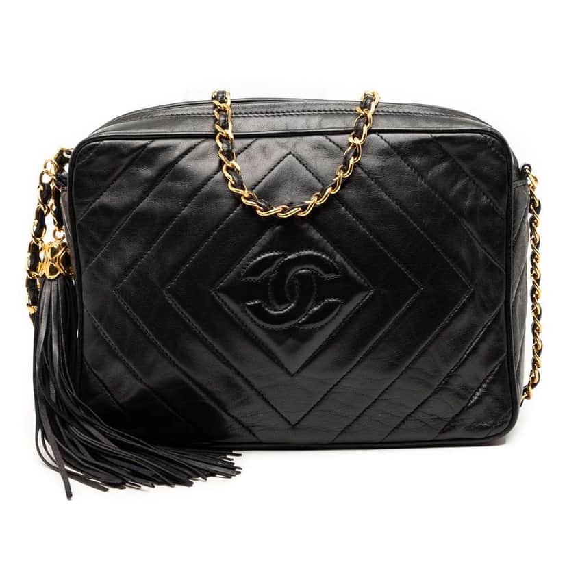 Chanel CC Diamond Quilted Lambskin Tassel Camera Bag Black Leather Good condition - Front View