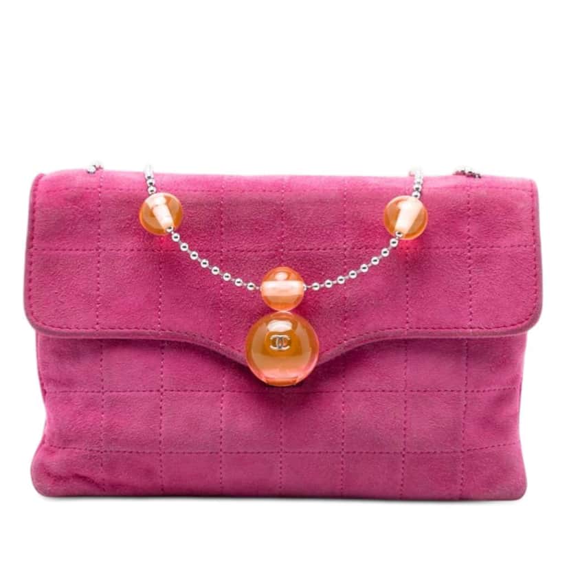 Chanel CC Choco Bar Suede Beaded Chain Flap Pink Leather Good condition - Front View