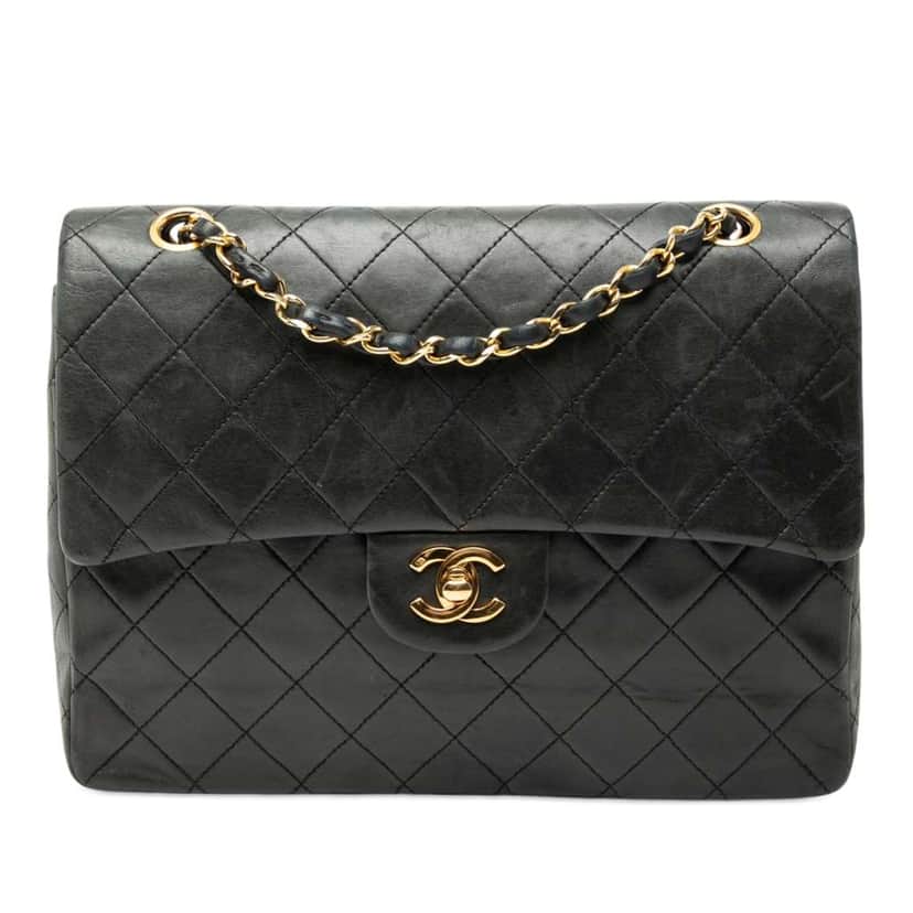 Chanel Medium Tall Classic Lambskin Double Flap Black Leather Good condition - Front View