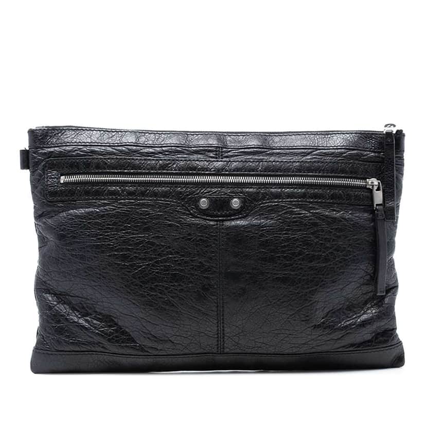 Balenciaga Lambskin Motocross Classic Clip L Clutch Black Leather Good condition - Front View