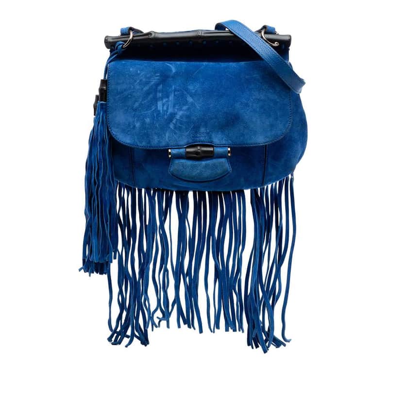 Gucci Medium Suede Bamboo Nouveau Fringe Crossbody Blue Leather Very good condition - Front View