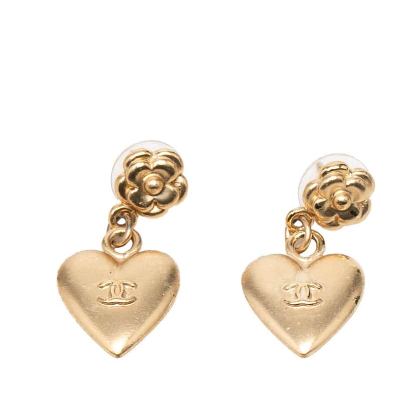 Chanel CC Gold Plated Heart Dangling Push Back Earrings Gold Metal Good condition - Front View