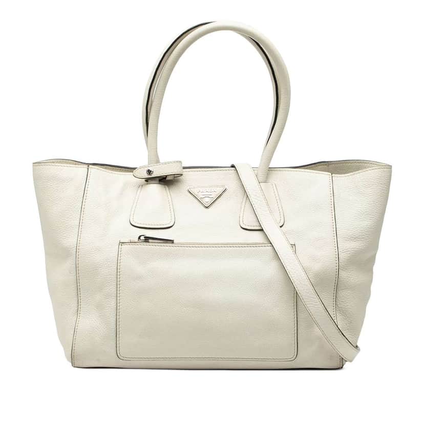 Prada Vitello Daino Front Pocket Open Convertible Tote White Leather Good condition - Front View