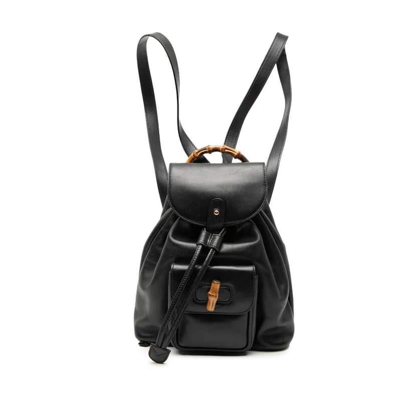 Gucci Leather Bamboo Drawstring Backpack Black Leather Good condition - Front View