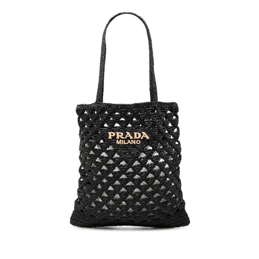 Prada Raffia Effect Crochet Logo Embroidered Tote Black Good condition - Front View