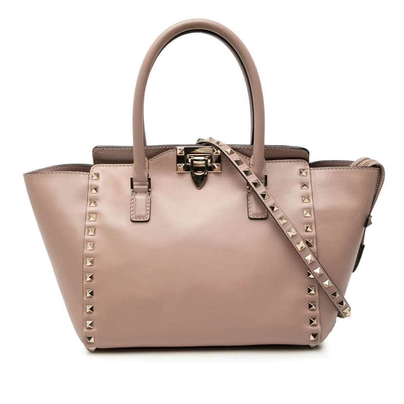 Valentino Small Leather Rockstud Trapeze Satchel Brown Leather Fair condition - Front View