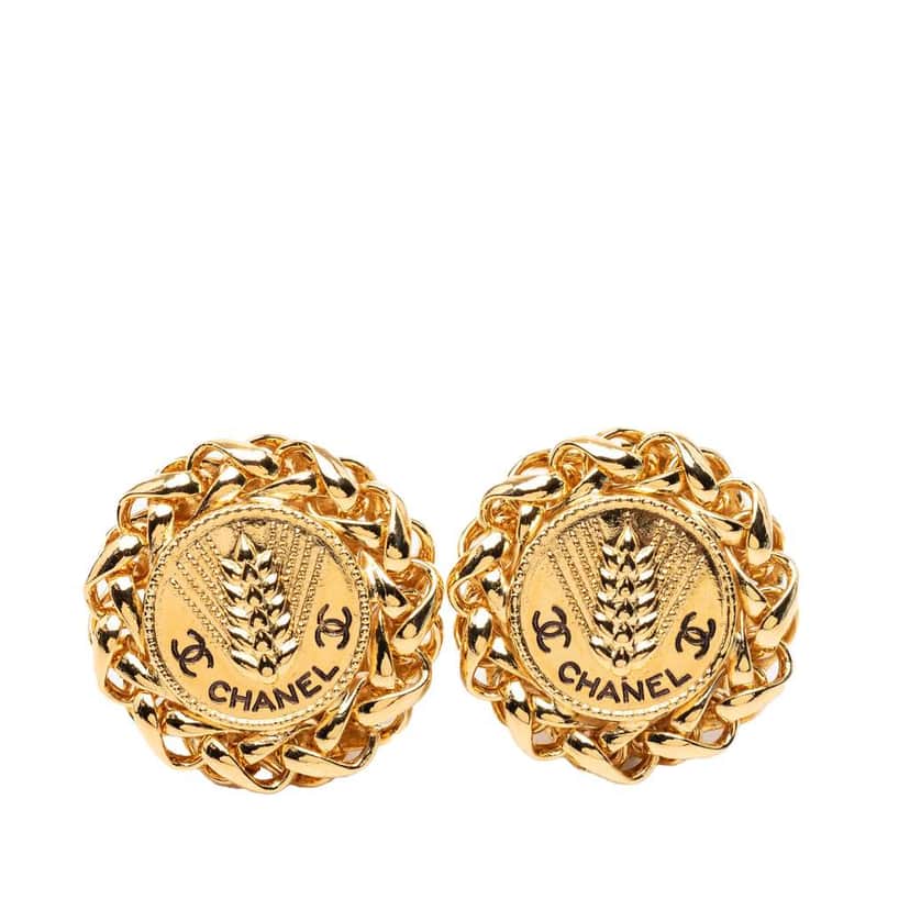 Chanel CC Gold Plated Wheat Medallion Clip On Earrings Gold Metal Good condition - Front View