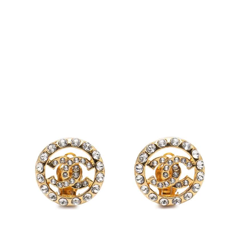 Chanel CC Gold Plated Rhinestone Round Clip On Earrings Gold Metal Good condition - Front View
