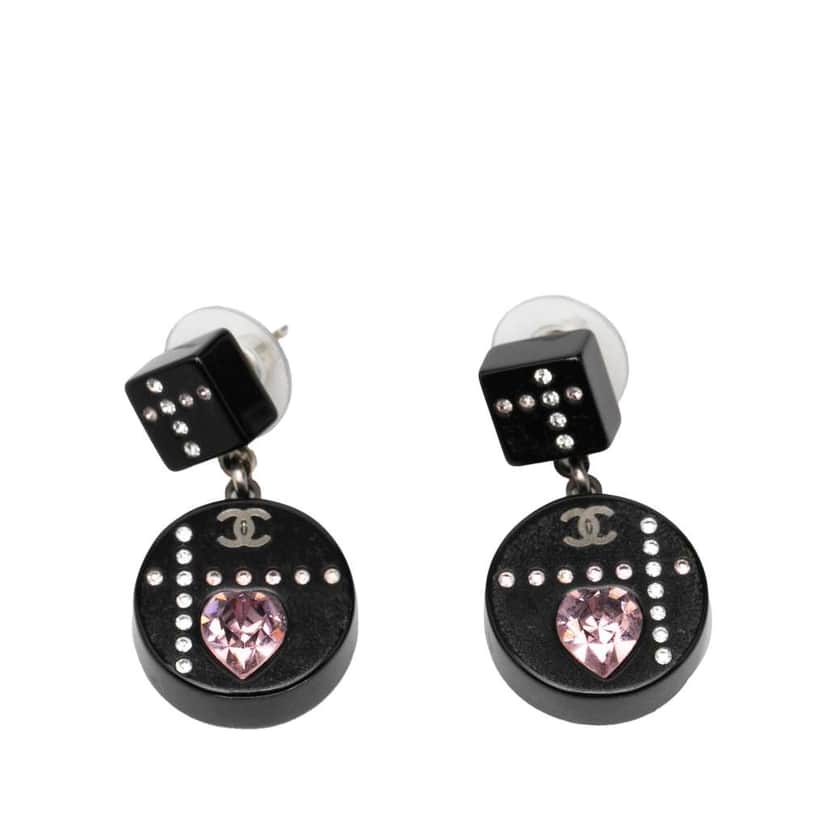 Chanel Resin CC Dice and Heart Crystal Drop Push Back Earrings Black Very good condition - Front View