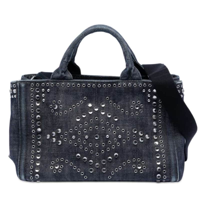 Prada Studded Denim Canapa Logo Satchel Grey Denim Good condition - Front View