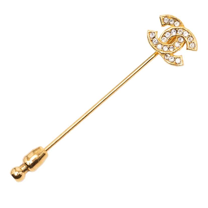 Chanel Gold Plated Rhinestone CC Pin Brooch Gold Metal Good condition - Front View