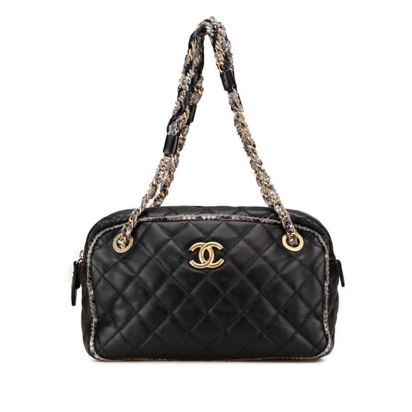Chanel CC Quilted Lambskin Tweedy Bowler Bag Black Leather Good condition - Front View