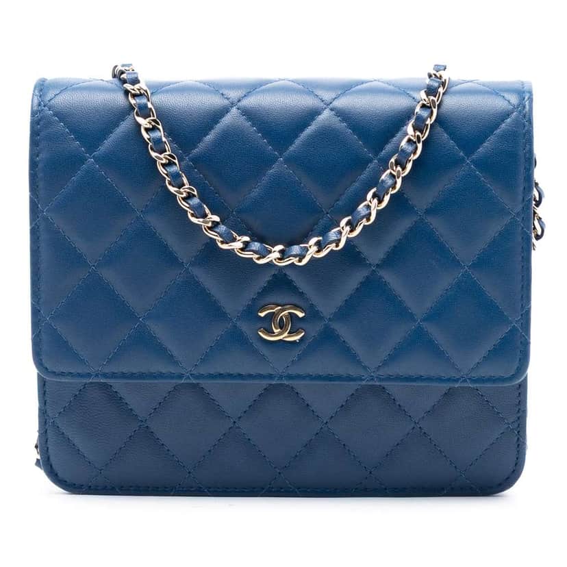Chanel CC Square Quilted Lambskin Wallet on Chain Blue Leather Good condition - Front View
