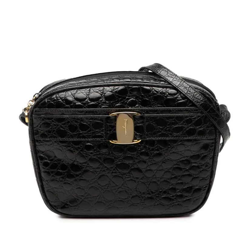 Salvatore Ferragamo Croc Embossed Leather Vara Crossbody Black Leather Good condition - Front View