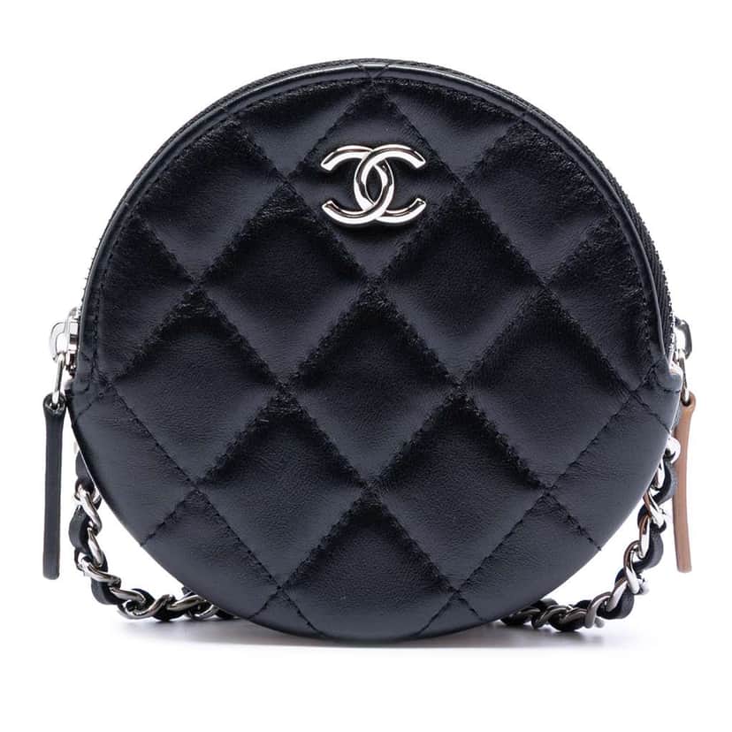 Chanel CC Quilted Lambskin Triple Zip Round Clutch With Chain Black Leather Good condition - Front View