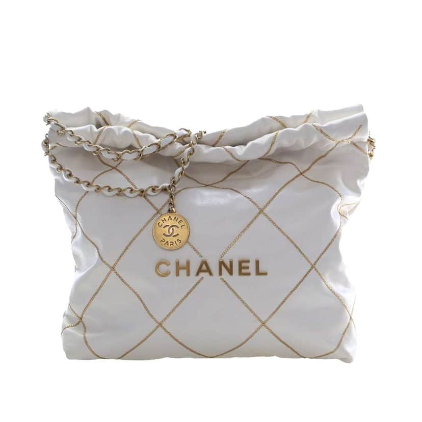 Chanel Small Quilted Shiny Calfskin Chain 22 Handbag White Leather Good condition - Front View