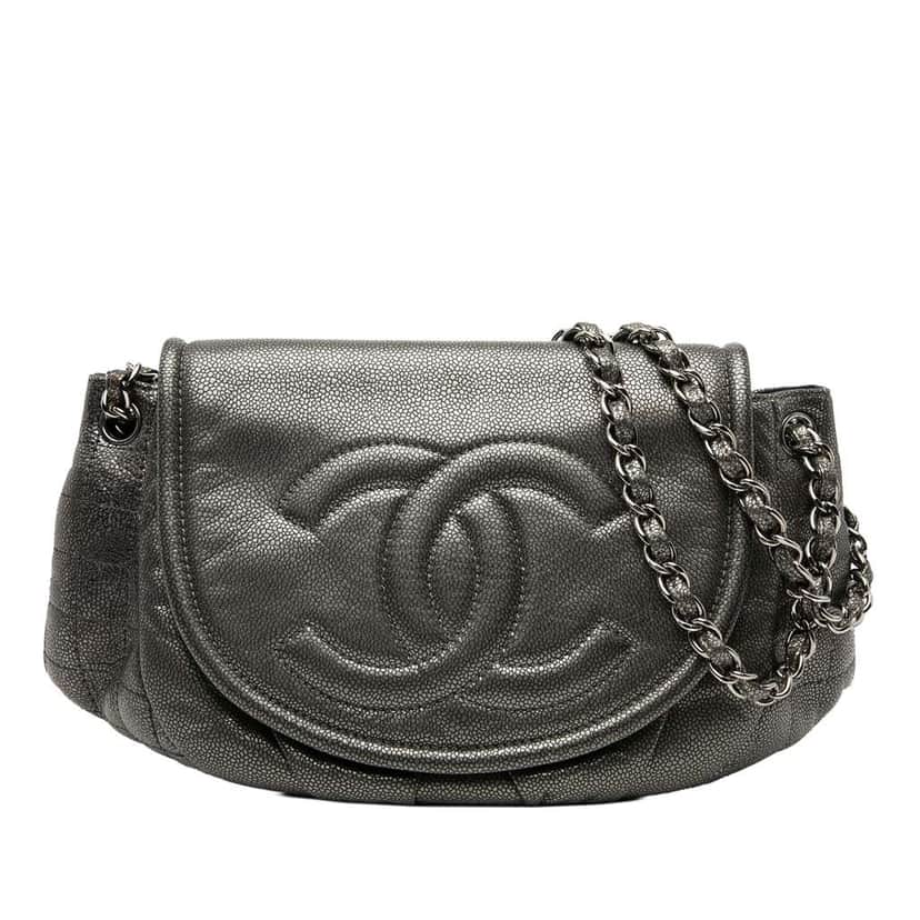 Chanel Large Metallic Caviar Half Moon Flap Grey Leather Good condition - Front View