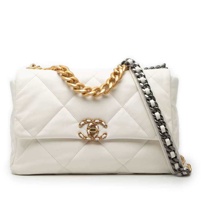Chanel Large Lambskin 19 Flap White Leather Good condition - Front View