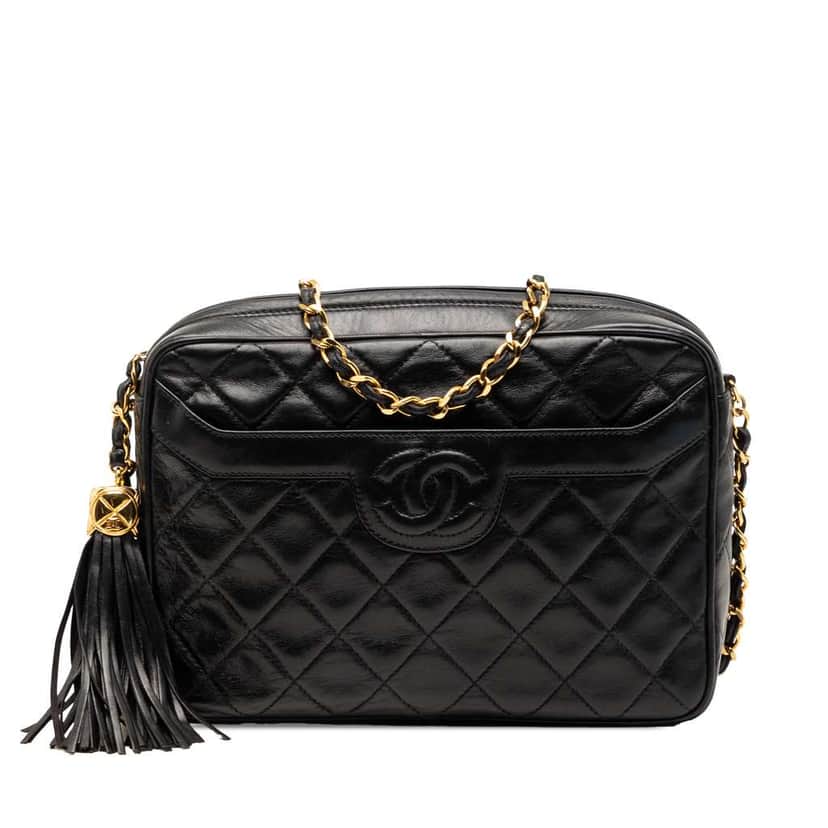 Chanel CC Quilted Lambskin Tassel Camera Bag Black Leather Good condition - Front View