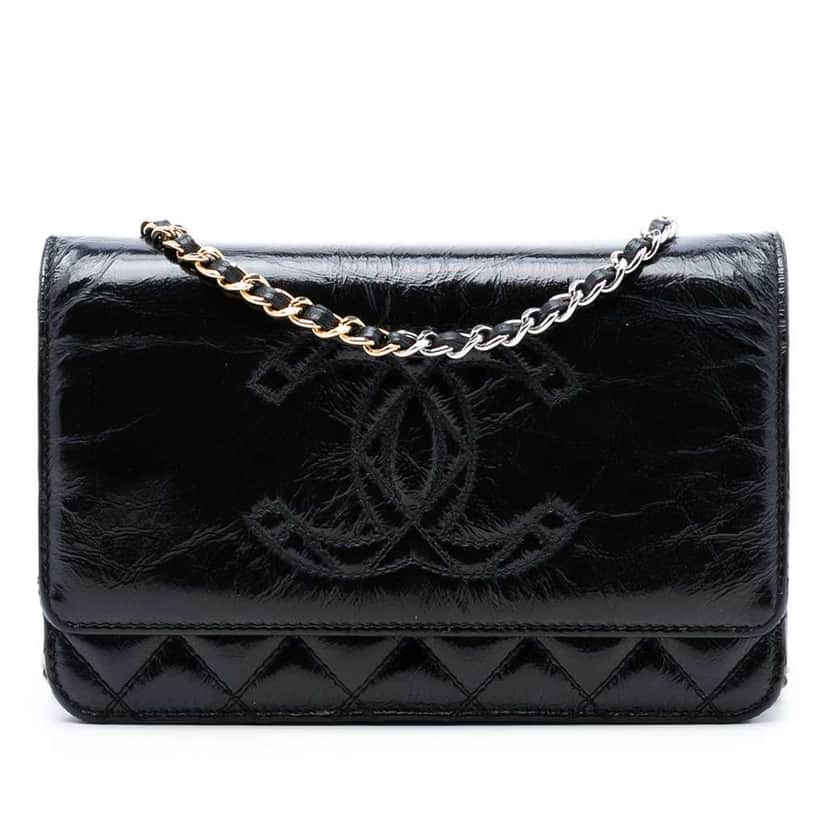 Chanel CC Quilted Shiny Aged Calfskin Wallet On Chain Black Leather Good condition - Front View