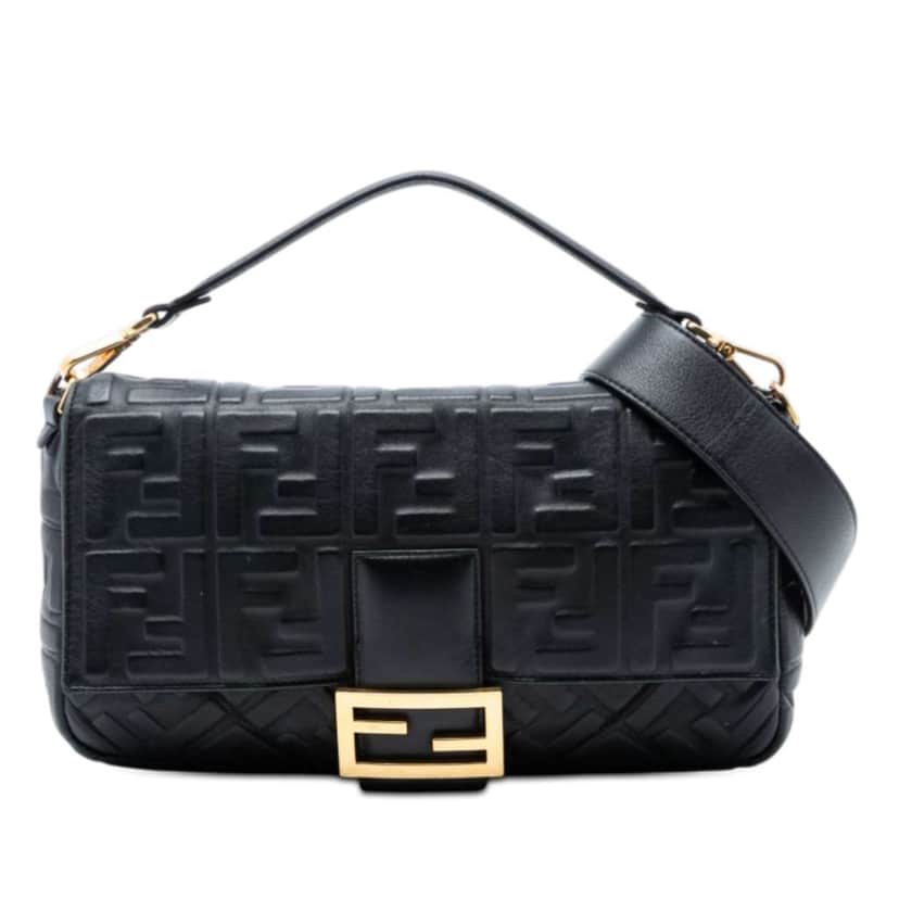 Fendi Large Zucca Embossed Leather Baguette Satchel Black Leather Good condition - Front View