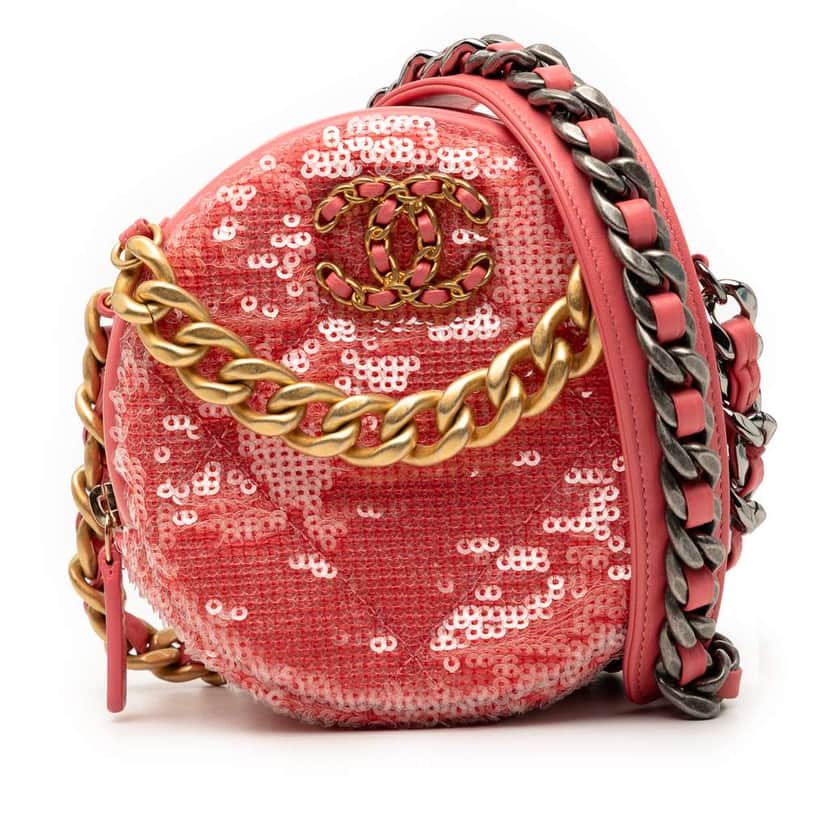 Chanel Sequin Lambskin 19 Round Clutch With Chain Pink Leather Good condition - Front View