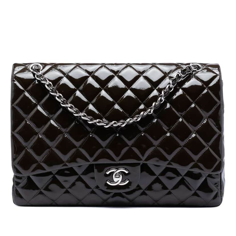 Chanel Maxi Classic Patent Double Flap Brown Leather Good condition - Front View