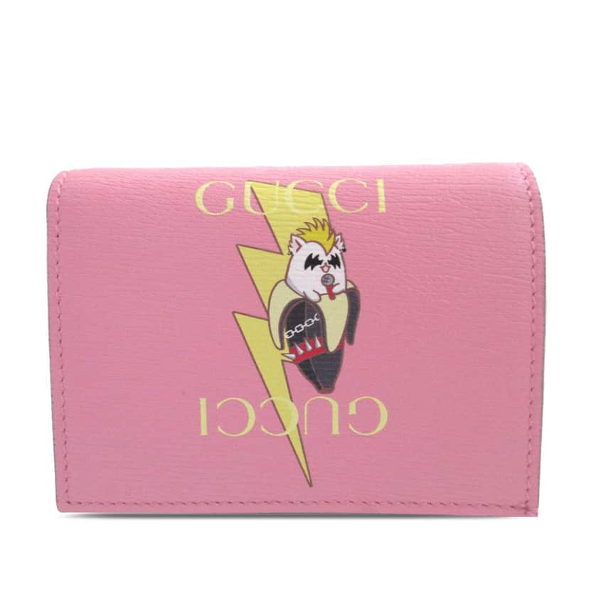 Gucci BNF Textured Dollar Calfskin Bananya Print Bifold Wallet. Pink Leather Very good condition - Front View