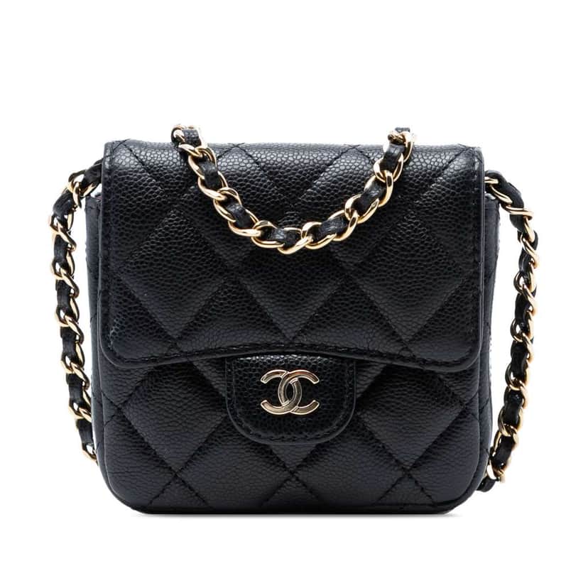 Chanel CC Quilted Caviar Flap Card Holder On Chain Black Leather Good condition - Front View