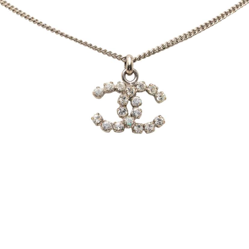Chanel CC Silver Plated Rhinestones Pendant Necklace Silver Metal Very good condition - Front View