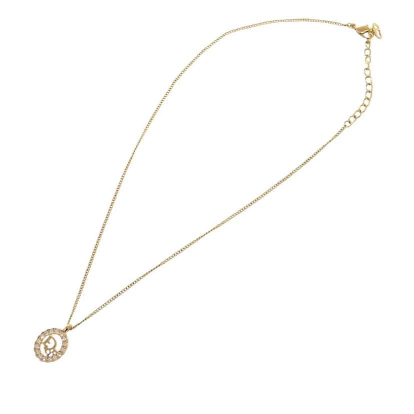 Dior Gold Plated Logo Rhinestones Pendant Necklace Gold Metal Very good condition - Front View