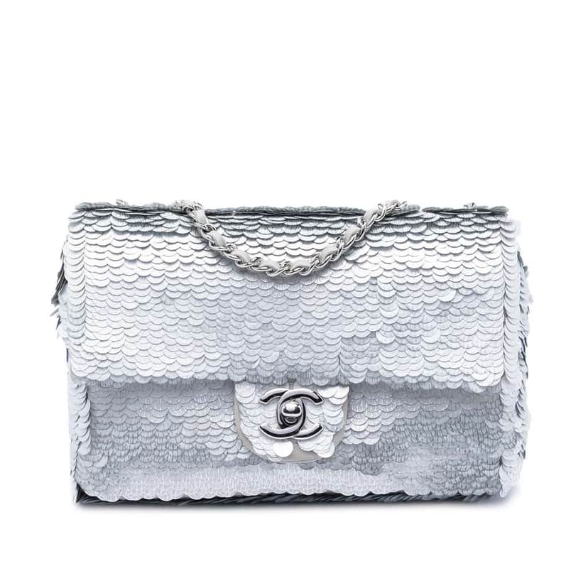Chanel Small Paillettes Sequin Single Flap Silver Satin Good condition - Front View