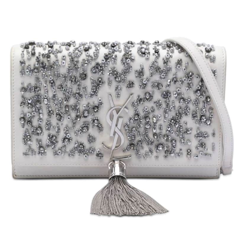 Saint Laurent Beaded Calfskin Monogram Kate Tassel Wallet on Chain White Leather Very good condition - Front View