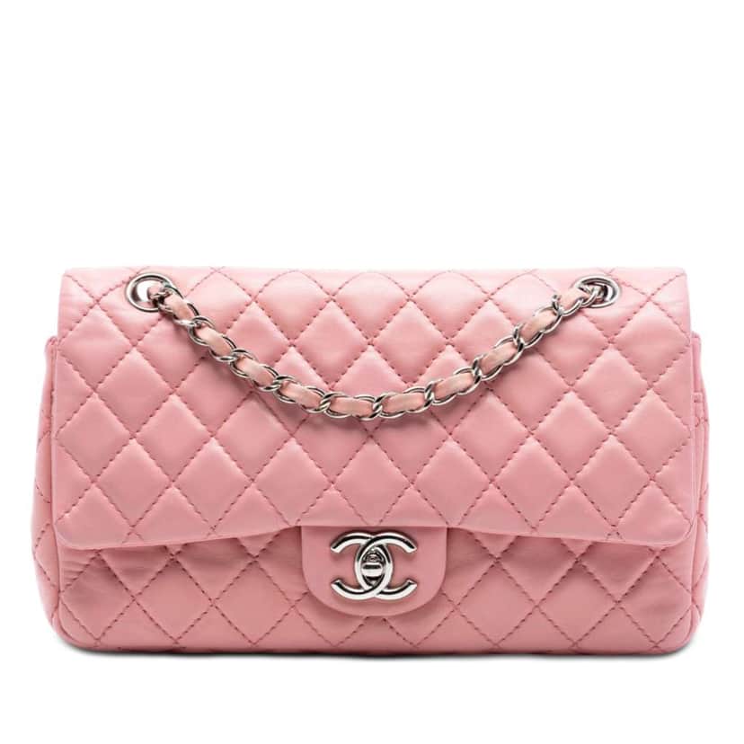 Chanel Medium Classic Lambskin Double Flap Pink Leather Very good condition - Front View