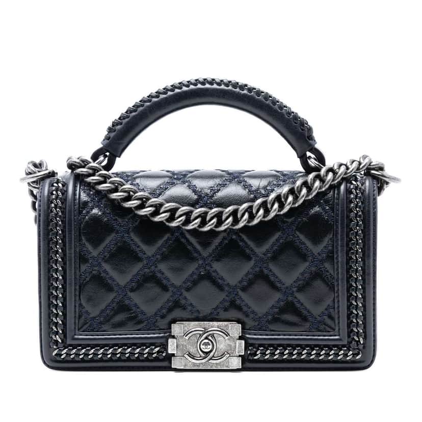 Chanel Old Medium Quilted Calfskin Whipstitch Chain Around Boy Top Handle Flap Blue Leather Very good condition - Front View