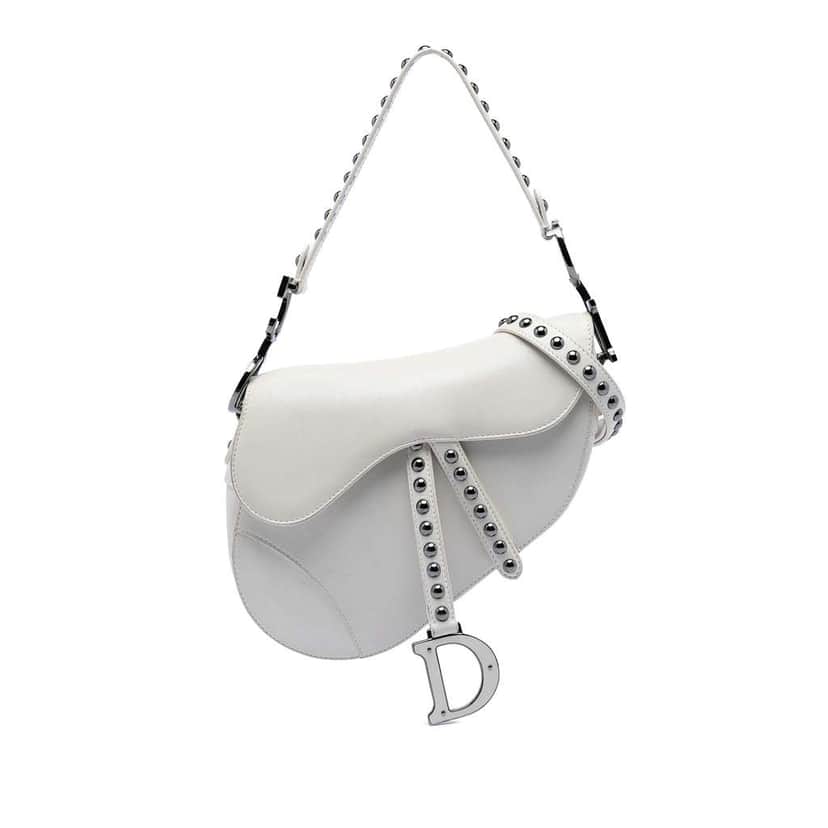 Dior Studded Leather Saddle Bag White Leather Very good condition - Front View