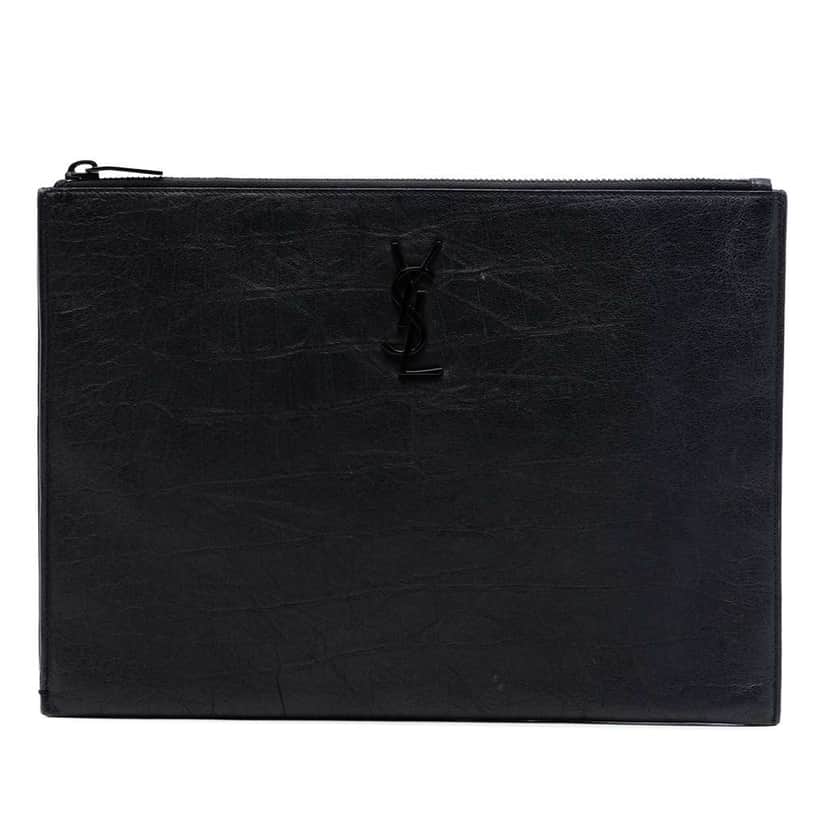 Saint Laurent Croc Embossed Leather Monogram Clutch Black Leather Very good condition - Front View