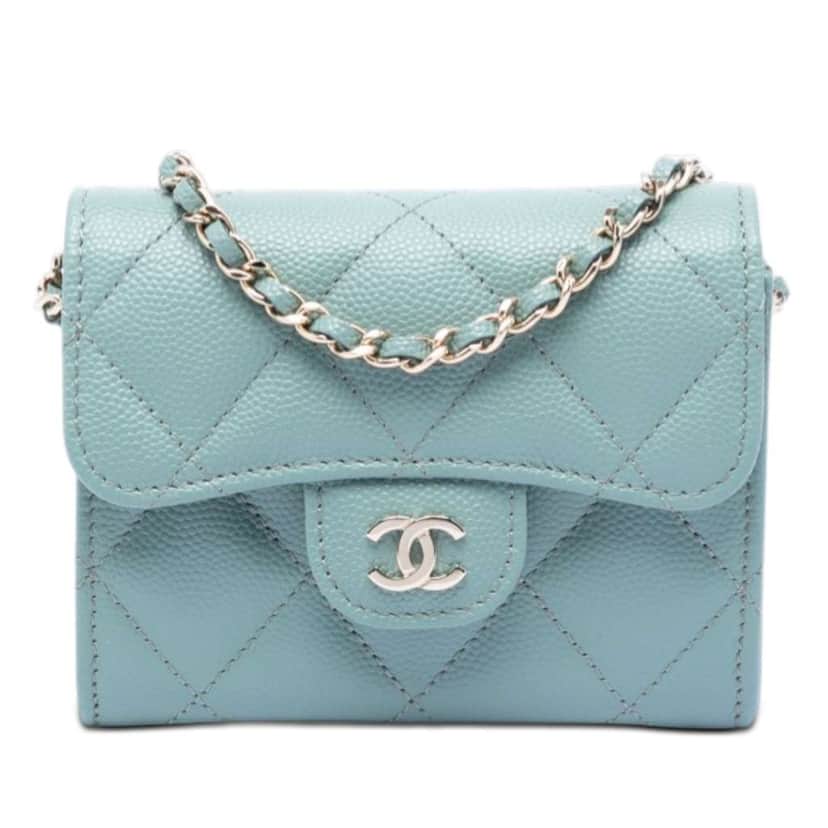 Chanel CC Quilted Caviar Flap Card Holder On Chain Blue Leather Very good condition - Front View