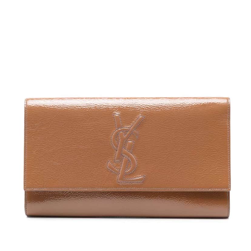 Saint Laurent Large Textured Patent Monogram Belle De Jour Clutch Brown Leather Very good condition - Front View