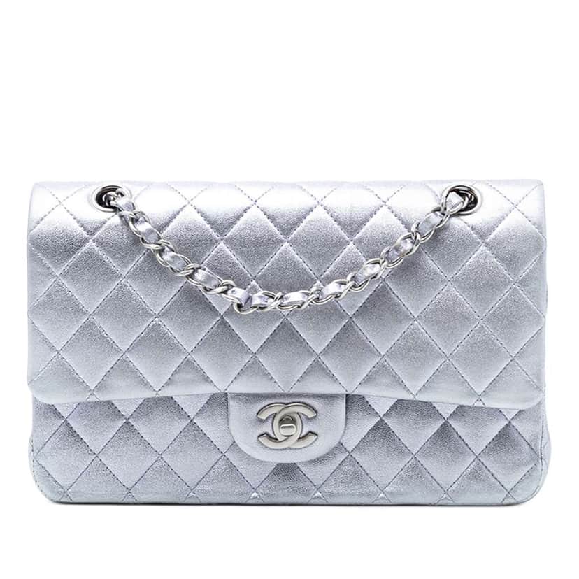 Chanel Medium Classic Metallic Lambskin Double Flap Silver Leather Very good condition - Front View